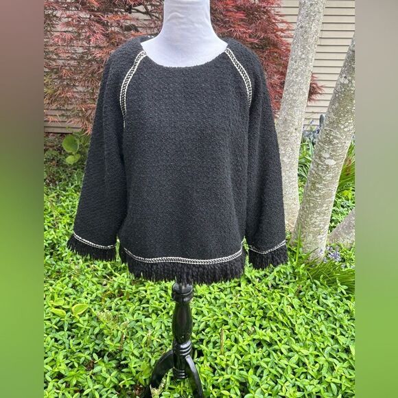 Anthropologie Moon River Black Crew Neck Sweater with Fringe Detail size L - Picture 1 of 5